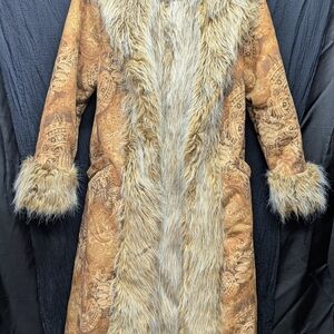 Newport News Brown Paisley Trench Coat with Faux Fur Trim